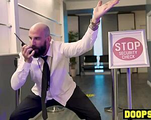 kinky tattooed flight attendant bends over for security agent's big cock pounding