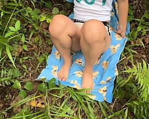 couple fucks in woods then cums on wet pussy