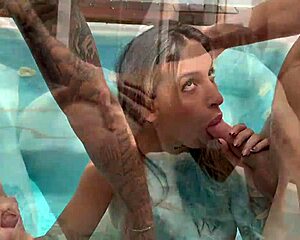 Pool threesome ends with her mouth stuffed full of cum!