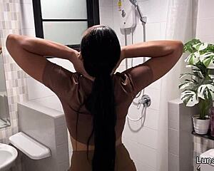 naughty step sister bends over in shower for doggystyle creampie from roommate