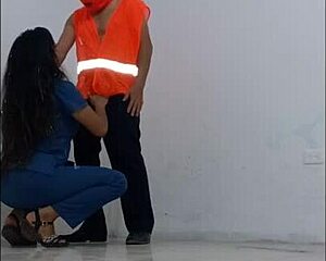 the janitor gets seduced by the horny hospital nurse slips on a condom and fucks her standing like a slut in the office hallways