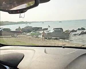 kontessa strokes driftwood's monster cock barefoot on beach till cumshot sprays