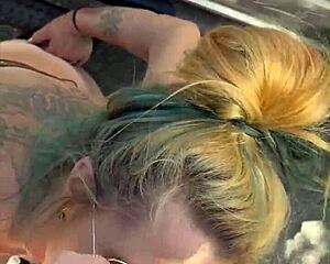 😏 whoa, this cheating blonde chubby whore deepthroats cock publicly then takes facial 💦