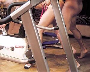 cindy behr rides asian guy hard on treadmill in lingerie
