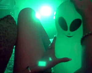 blonde milf cougar squirts hard with alien balloon fetish masturbation toy