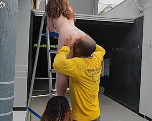 Two naked bosses welcome the visitor with bisexual black cock blowjobs ass licking and creampie in the garage