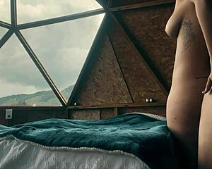 lesbian roommates rip clothes and fuck curvy to music beats in glamping dorm