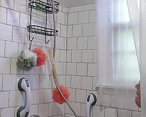 whoa, caught my big-ass stepmom showering with those natural tits... had to jack off! 💦🚿