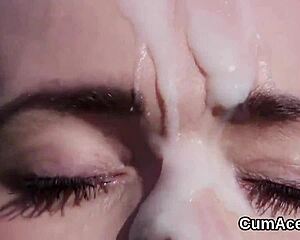 bombshell bimbo swallows bukkake facial from blowbang pov