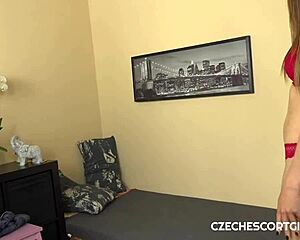 czech milf escort in red lingerie massages cock hardcore