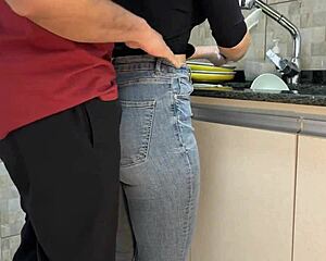 Maid's jeans-covered ass gets drenched in thick CUM load