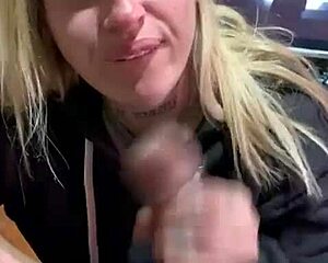 she drops to knees for sloppy mouthsex begging him to fill her with hot cum load