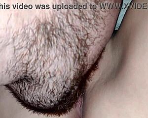 the cuckold husband invites his friend over to the bed for a close-up homemade lick of his housewife's shaved pussy lips before sleep