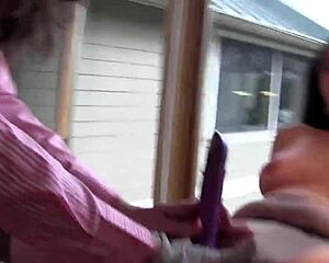 a brunette with huge natural tits rides her lesbian friend's strapon cowgirl style in heels