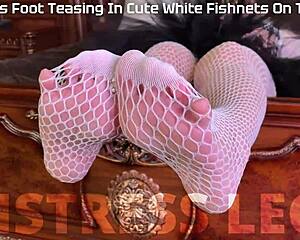 I tease you with my goddess feet in cute white fishnets right on the bed... legs spread wide for lover