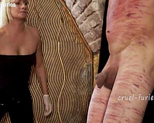 cruel blonde milf mistress brutally whips helpless guys throbbing cock