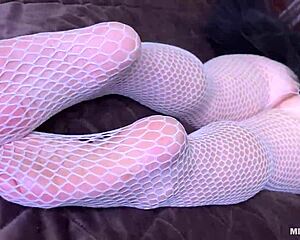 I tease you with my goddess feet in cute white fishnets right on the bed... legs spread wide for lover