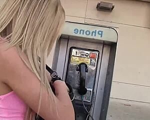 Blonde teen with perfect slim body chats then rides stranger's huge cock creampie