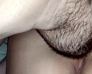 the cuckold husband invites his friend over to the bed for a close-up homemade lick of his housewife's shaved pussy lips before sleep