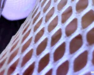 I tease you with my goddess feet in cute white fishnets right on the bed... legs spread wide for lover