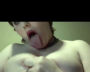 Chubby amateur squeezes tits around cock then slurps dildo