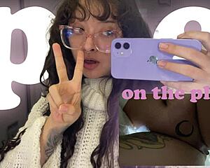 Croatian brunette with pierced nipples and tattoos pees on european plane trip