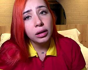 Curvy redhead latina cashier masturbates fat pussy for boss!
