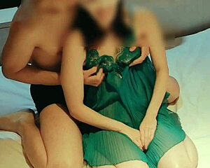 Clothed Slim Wife in Green Lingerie Caressed to Climax