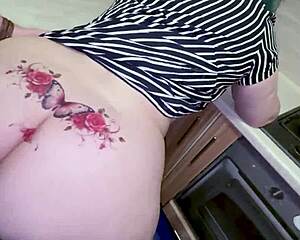 stepmom's tight hole gets checked hard from behind in hot kitchen doggy
