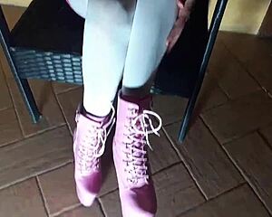 sexy latina milf spreads ass in tight pantyhose and killer high heeled boots on chair