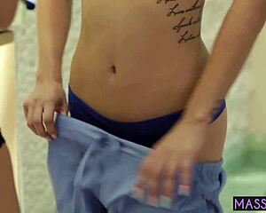 kristen scott's small tits tease busty milf's wet pussy during steamy fingering massage