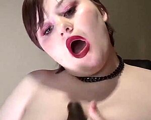 Chubby amateur squeezes tits around cock then slurps dildo