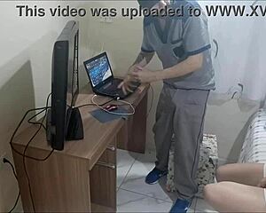 HORNY HOUSEWIFE BLOWS AND FUCKS DEPRAVED MAINTENANCE MAN CUM ON ASS