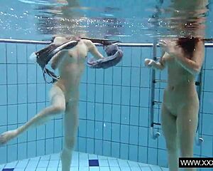 shaved big tits brunette teens kiss and play underwater in pool