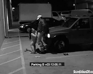 Slut girlfriend sneaks blowjob to security guard dodging office fine spying cam