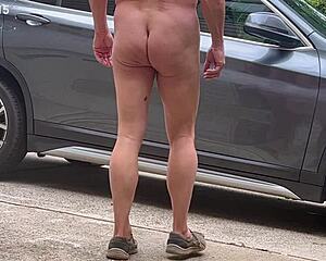 Naked dude strokes cock publicly till orgasm