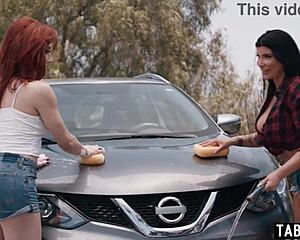 milf romi rain waxes car while shemale gf ariel demure strokes big cock