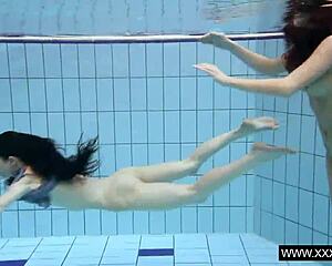 shaved big tits brunette teens kiss and play underwater in pool