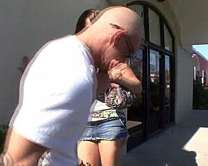 Brunette bombshell Alicia teases in fishnets rides monster cock doggystyle gaping