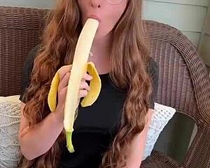 Redhead Long Hair Devours Banana Hungrily