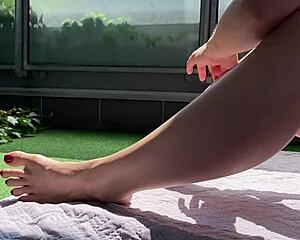 voyeur jerks huge cock cums on wife's big feet terrace