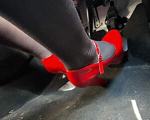 Redhead pumps pedals in heels rushing to office voyeur cam