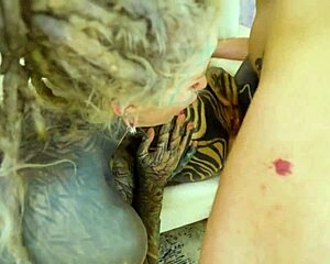 watch this tattooed teen take threesome facial after hard gaping anal orgy