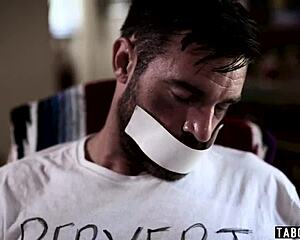 Petite teen gets roughly fucked by monster cocks in taboo orgy near tied stepdad