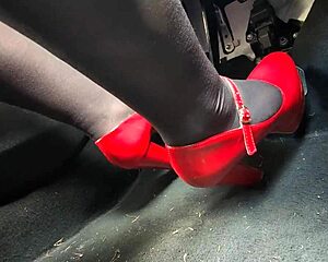 Redhead pumps pedals in heels rushing to office voyeur cam