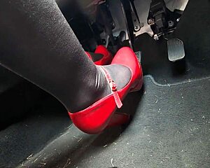 Redhead pumps pedals in heels rushing to office voyeur cam