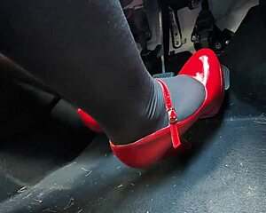 Redhead pumps pedals in heels rushing to office voyeur cam