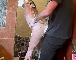 Obedient slave with hands tied faces misuse and foam humiliation in session