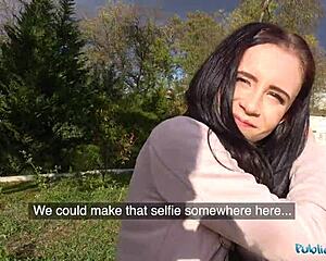 sexy czech brunette sucks cock outdoors then rides to orgasm publicly