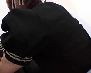 cute brunette asian in uniform fingered hairy pussy creampied deep